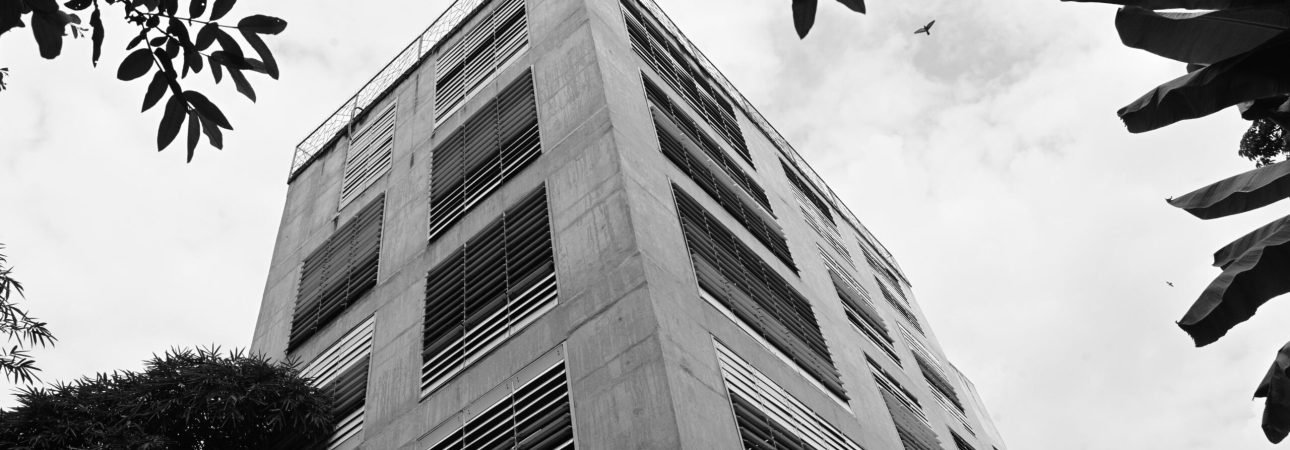 Black and white low-angle view of a modern concrete building framed by tree leaves.